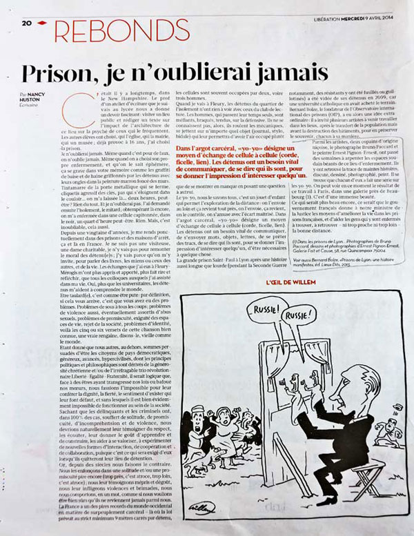 Presse - Liberation 9 avril - Nancy Huston : Prison, je n'oublierai jamais...